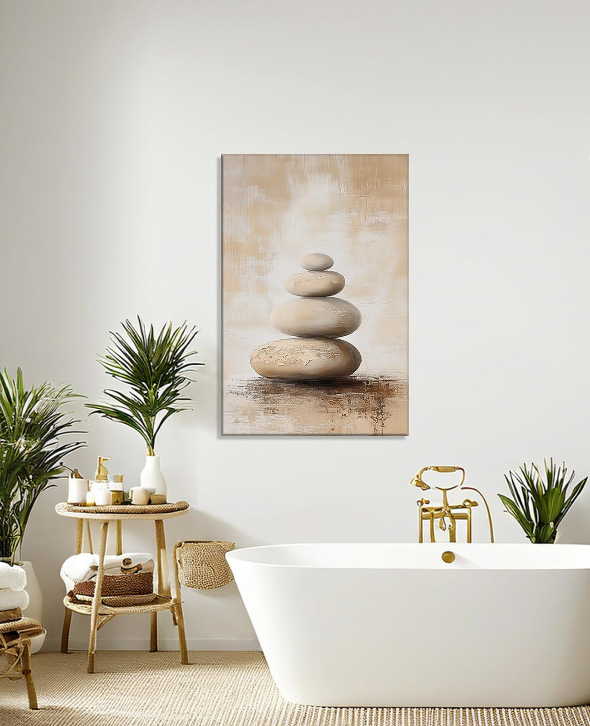 Zen Canvas Wall Art Spa Stones Picture Wall Decor Framed Meditation & Calm Painting Minimalist Prints Spiritual Room Living Room Bathroom Ready to Hang (18"L x 12"W / O - Tan)