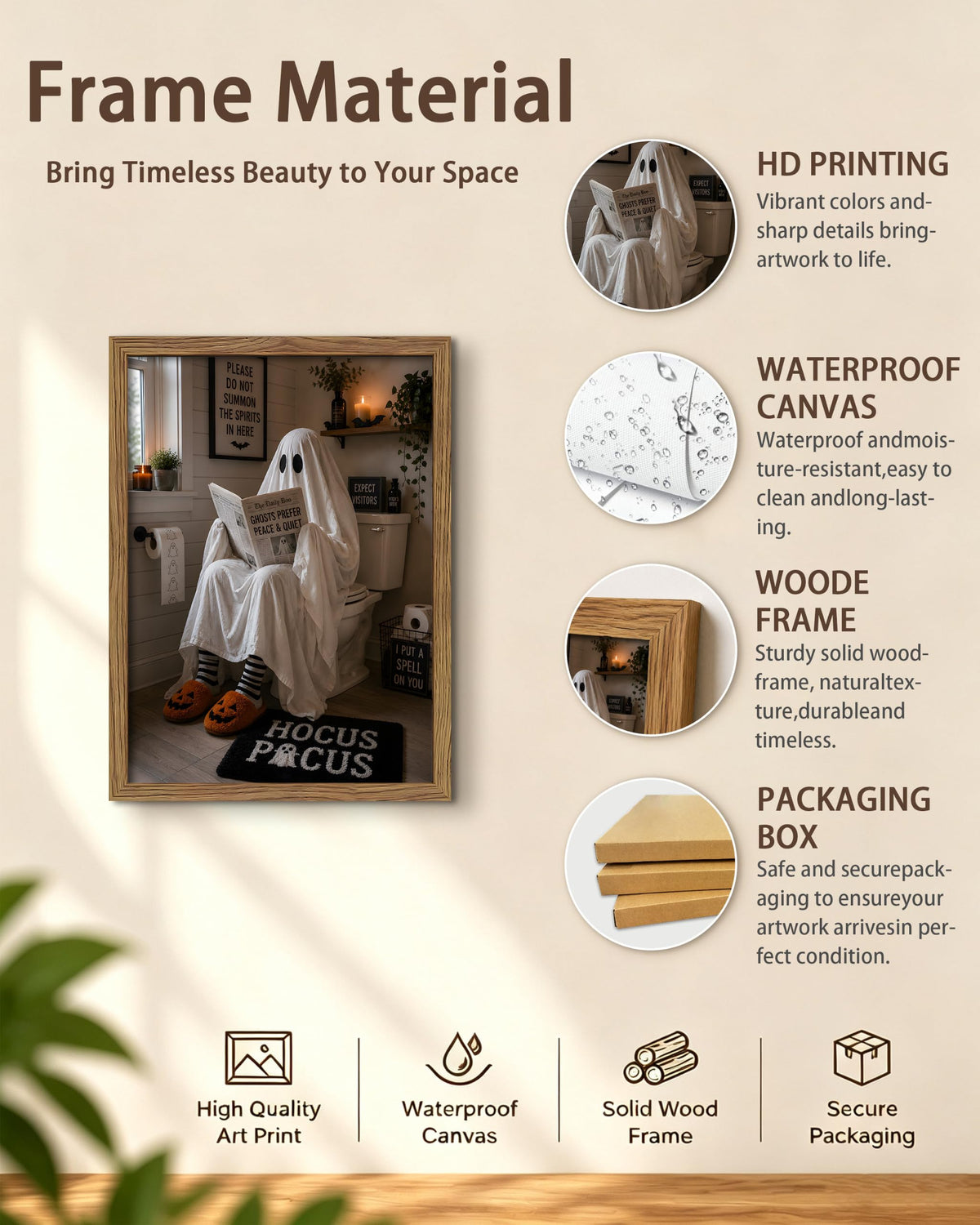 Framed Funny Halloween Bathroom Wall Art (A-White Ghost / 10"L x 8"W)