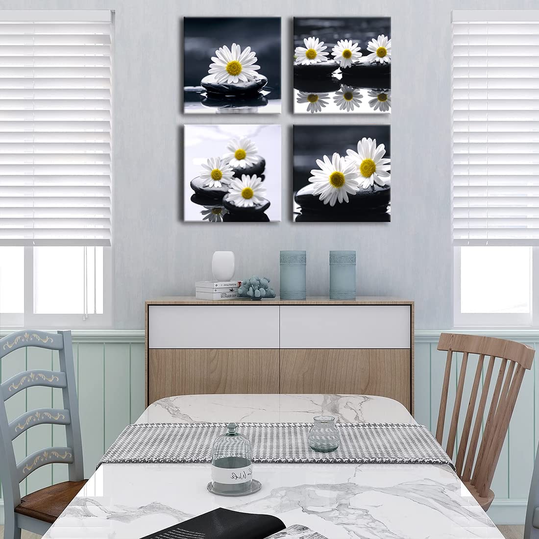 Black and White Wall Art Zen Décor Canvas Print Daisy Poster Painting Flower Stone Picture Meditation Artwork for Bathroom Decoration Dining Wall Art Bedroom Living Room Decor Office Framed (AzeDa5bw / 12"L x 12"W x 4 pcs)