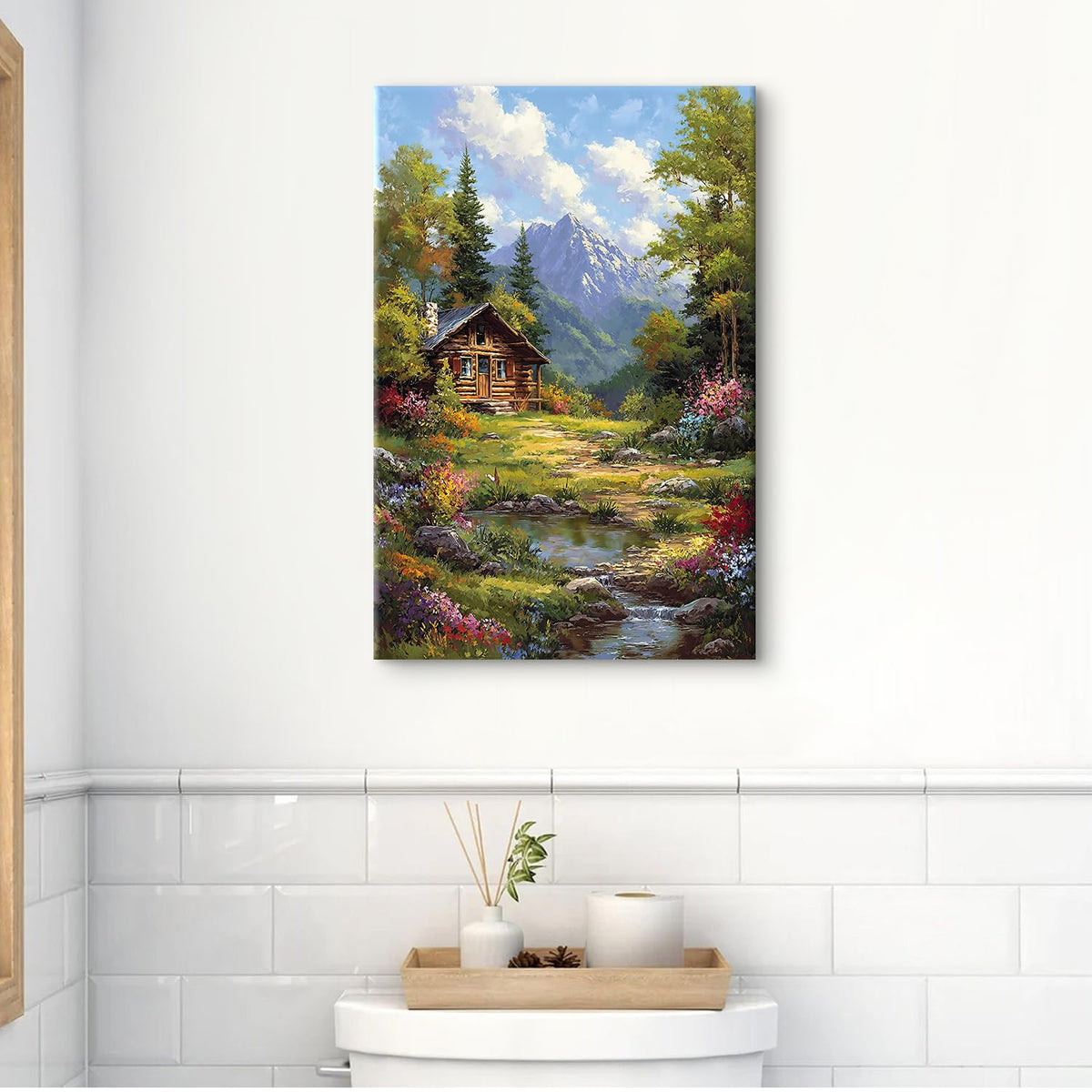 Mountain Froest Wall Art Nature Batonical Canvas Prints for Living Room Natural Landscape Painting Poster Colorful Wildflower Pictures Green Trees Canvas Artwork for Bedroom Home Decorations 16x24" (24"L x 16"W / Wooden House)