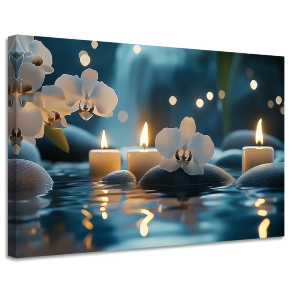 YMXHUANSH SPA Wall Art Decor Candles Canvas Print Orchids & Stones Zen Bathroom Artwork for Yoga Room Bedroom Massage Studio 16x24inch (Blue / 16"x24")