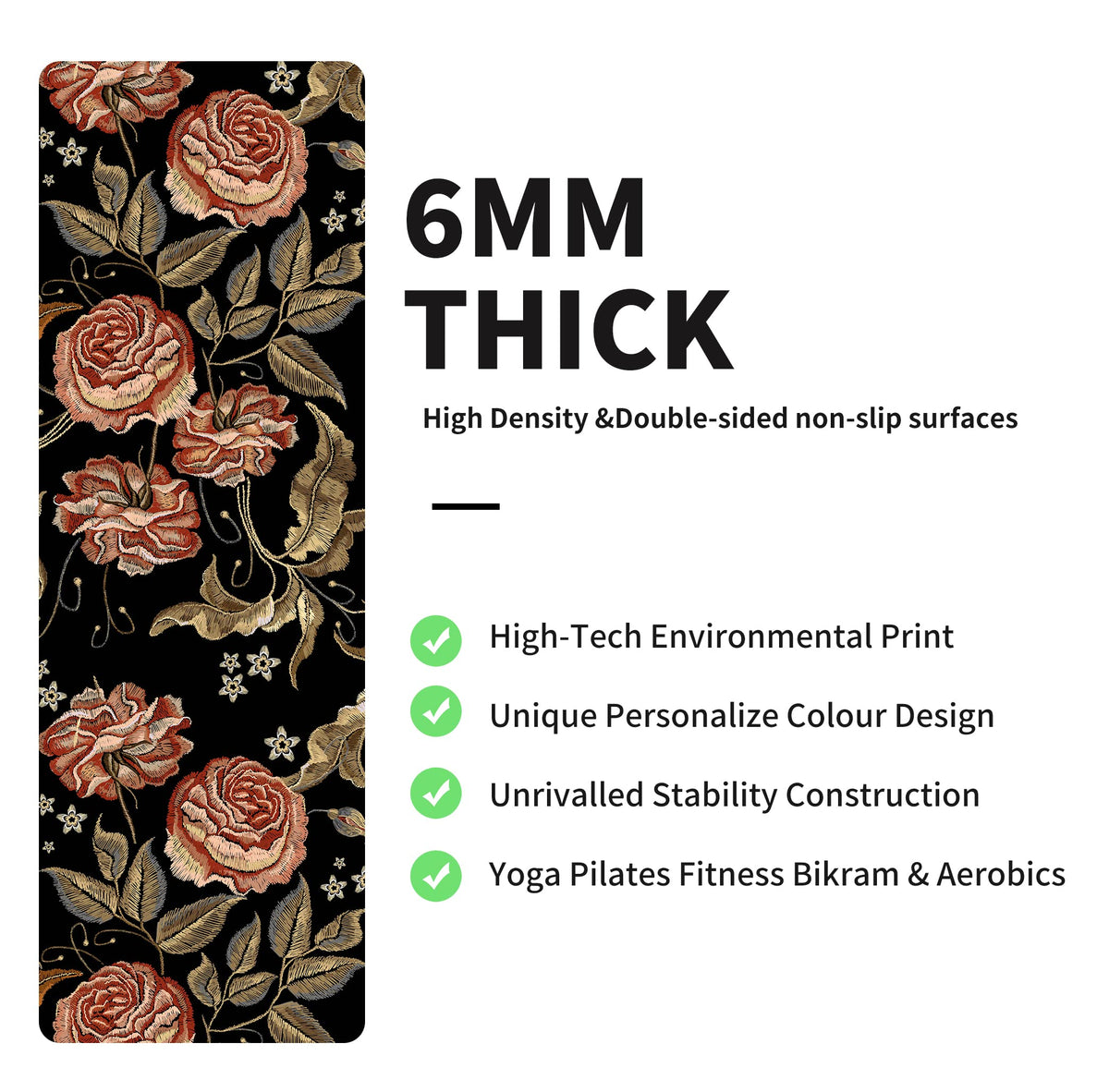 Yoga Mat Print Extra Thick TPE Non Slip Fitness Exercise Mat with Carrying Bag (KQMG)