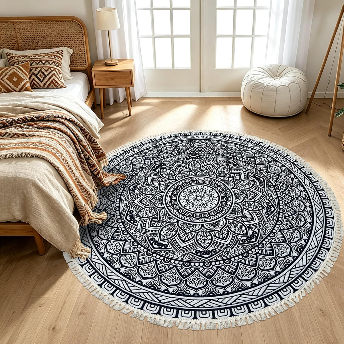 Round Rug 5Ft Circle Boho Washable Farmhouse Bedroom Carpet (Boho Flower 2 / 5' (Round))