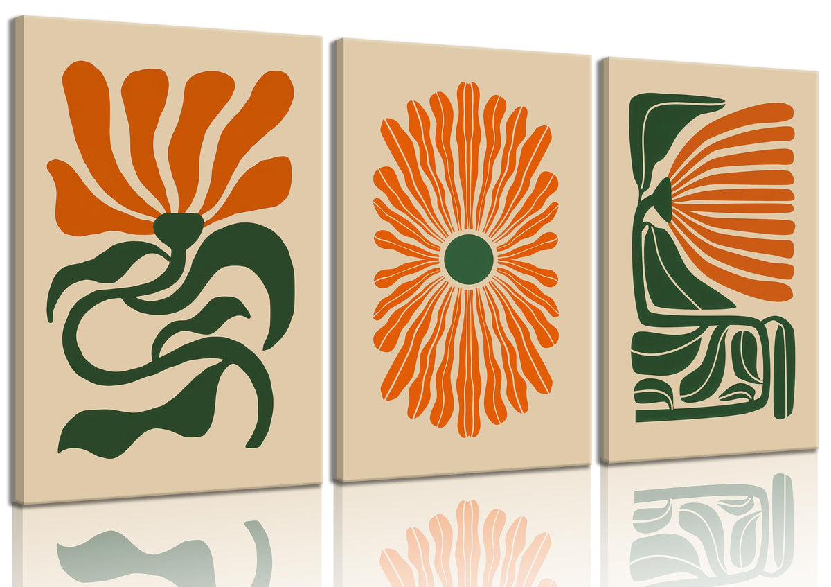 3 Pcs Mid Century Floral Canvas Wall Art (Beige flowers / 16"L x 12"W)