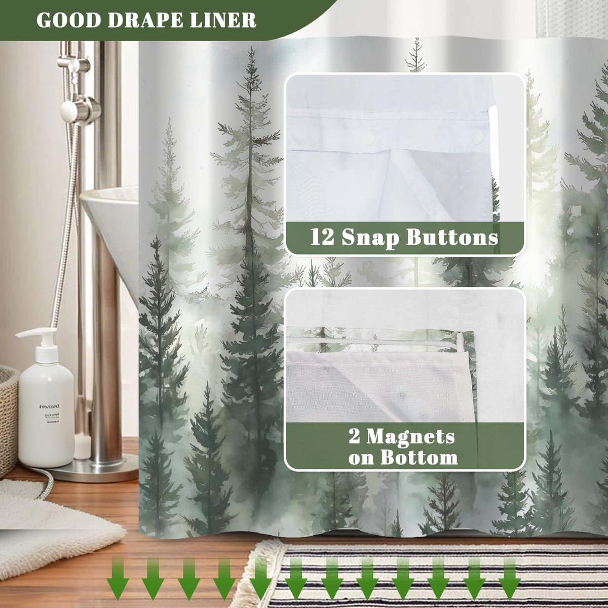 No Hook Forest Shower Curtain with Snap in Liner (Misty Woodland)