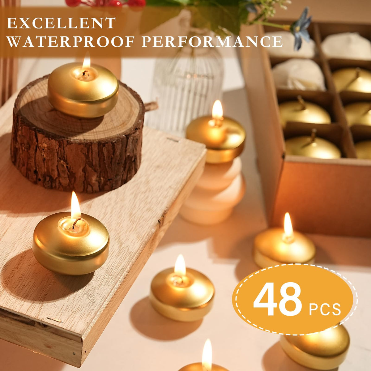 48 Pack 2 Inch Gold Floating Candles (Gold-48pack / 2 inch)