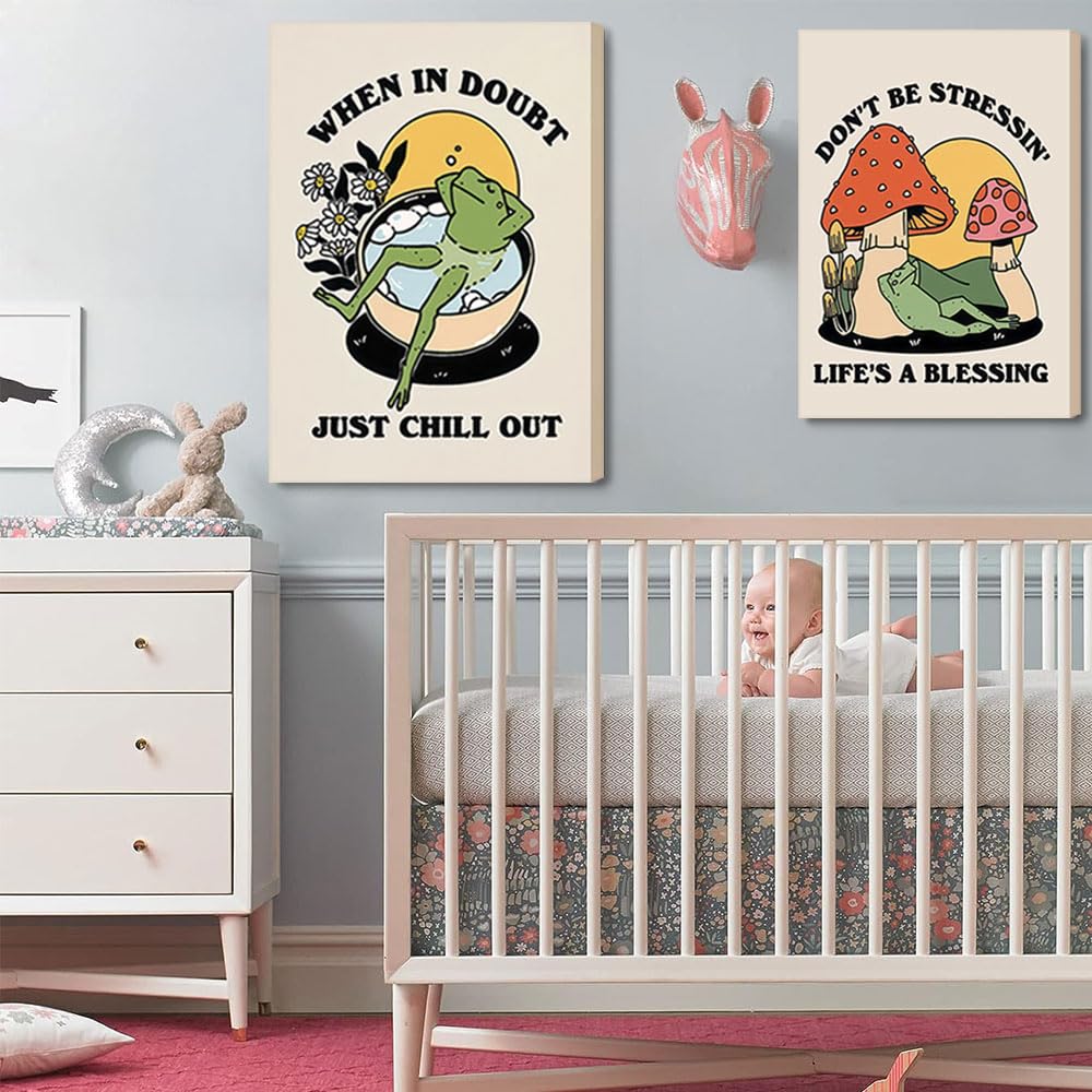 Retro Groovy Frog Mushroom Wall Art 70s Vintage Chill Quote Canvas Prints (frog / 24"L x 16"W)