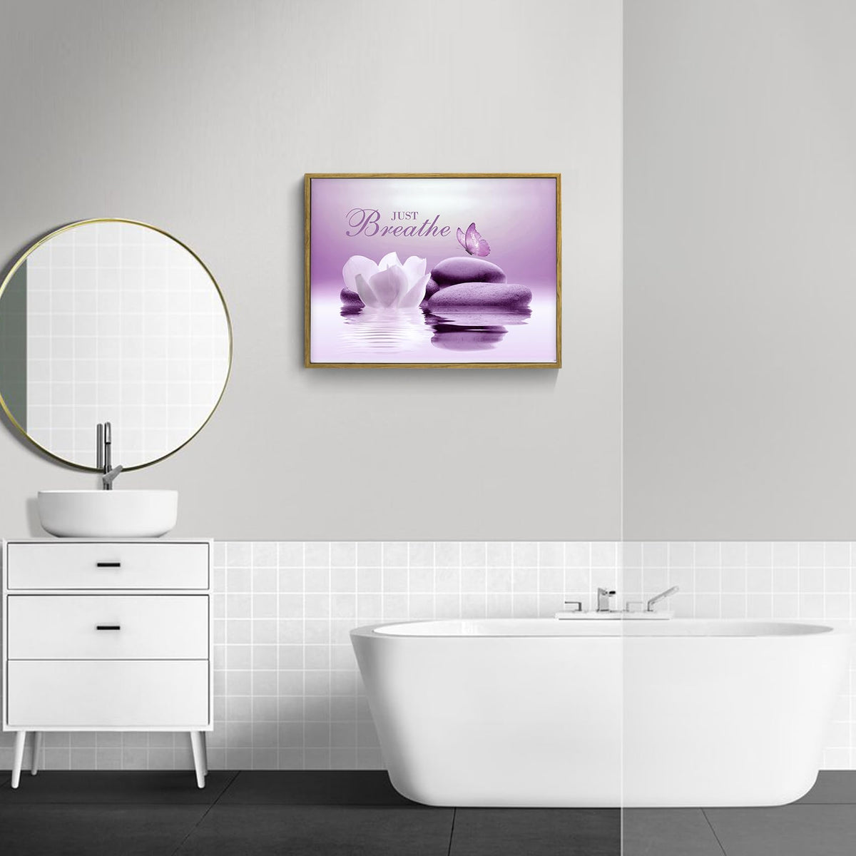 Zen Framed Wall Art for Living Room Water Lily Floral with Purple Butterfly Framed Canvas Wall Art Just Breathe Spiritual Relaxing Canvas Paintings Spa Yoga Office Wall Decor (12"L x 17"W / Purple)