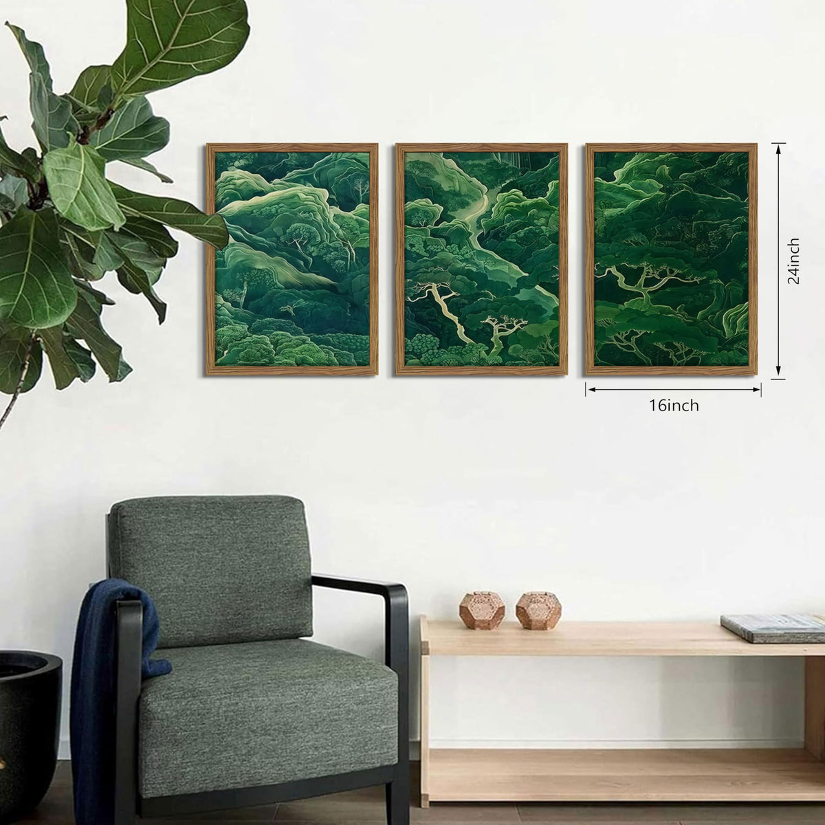 Japanese Nature Forest Wall Art Set of 3 (Green Book Mountain / 24"L x 16"W)