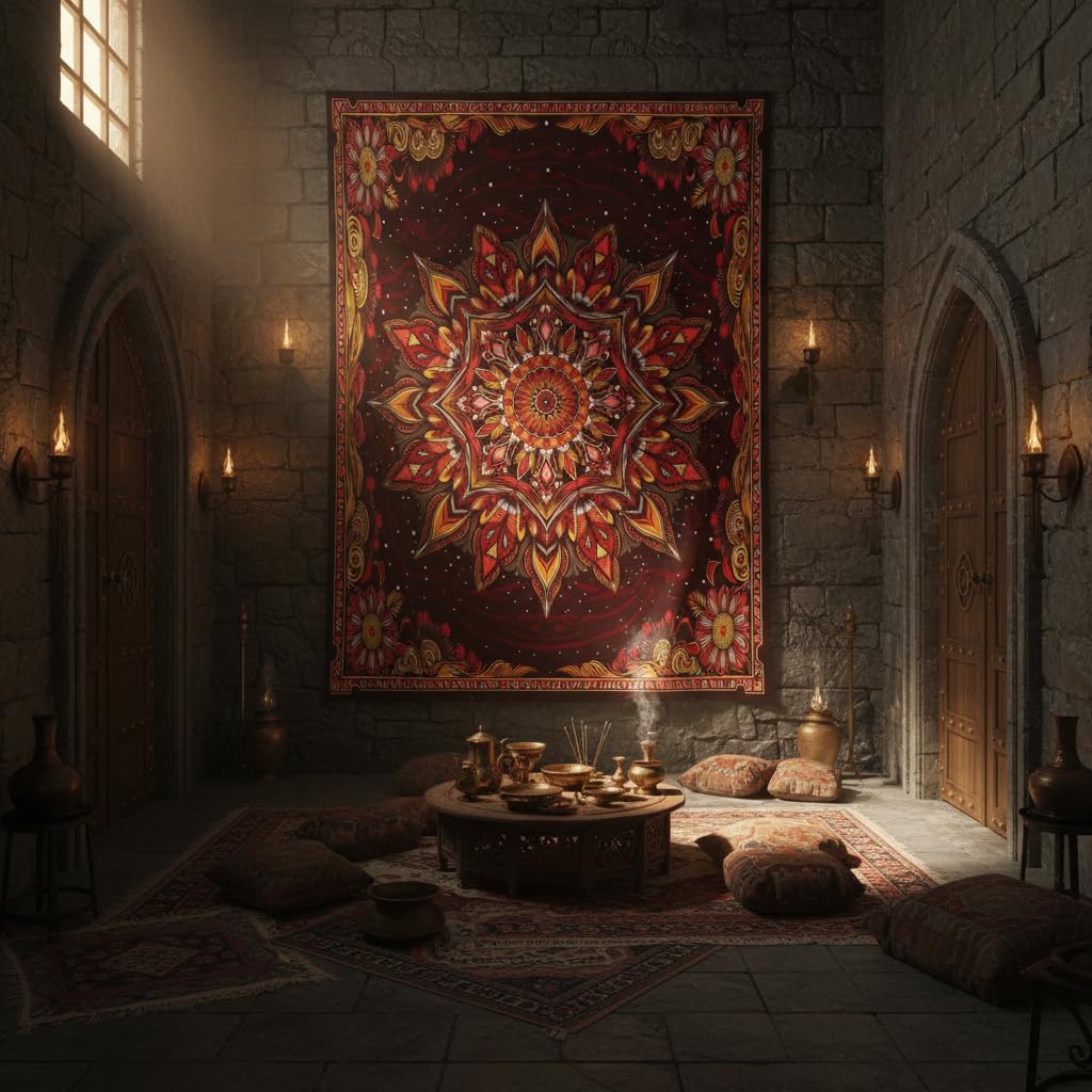 Mandala Floral Tapestry Wall Hanging Boho Red Orange Tapestry Aesthetic Hippie Vintage Bohemian Flower Indian Cute Large Tapestries for Bedroom Living Room Dorm Wall Decor 80 x 60 Inch (Bohemian / Red Orange / 80"L x 60"W)