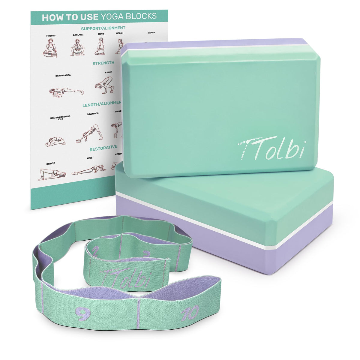 Yoga Blocks 2 Pack with Strap and Guide (Mint/Purple & Stretch Band Mint)