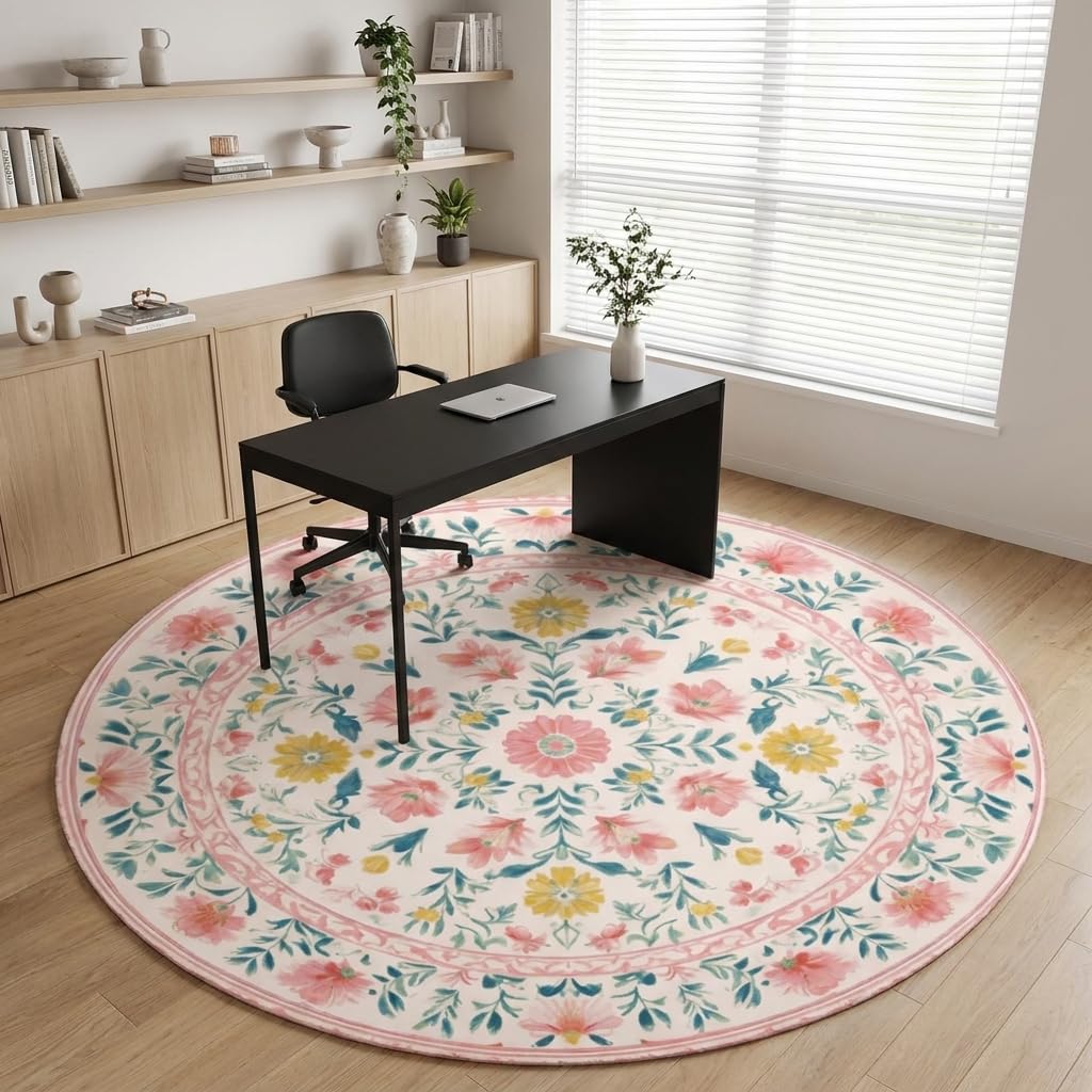 Boho Floral Round Area Rug 4ft (Daily-floral Pink B / 4' (Round))
