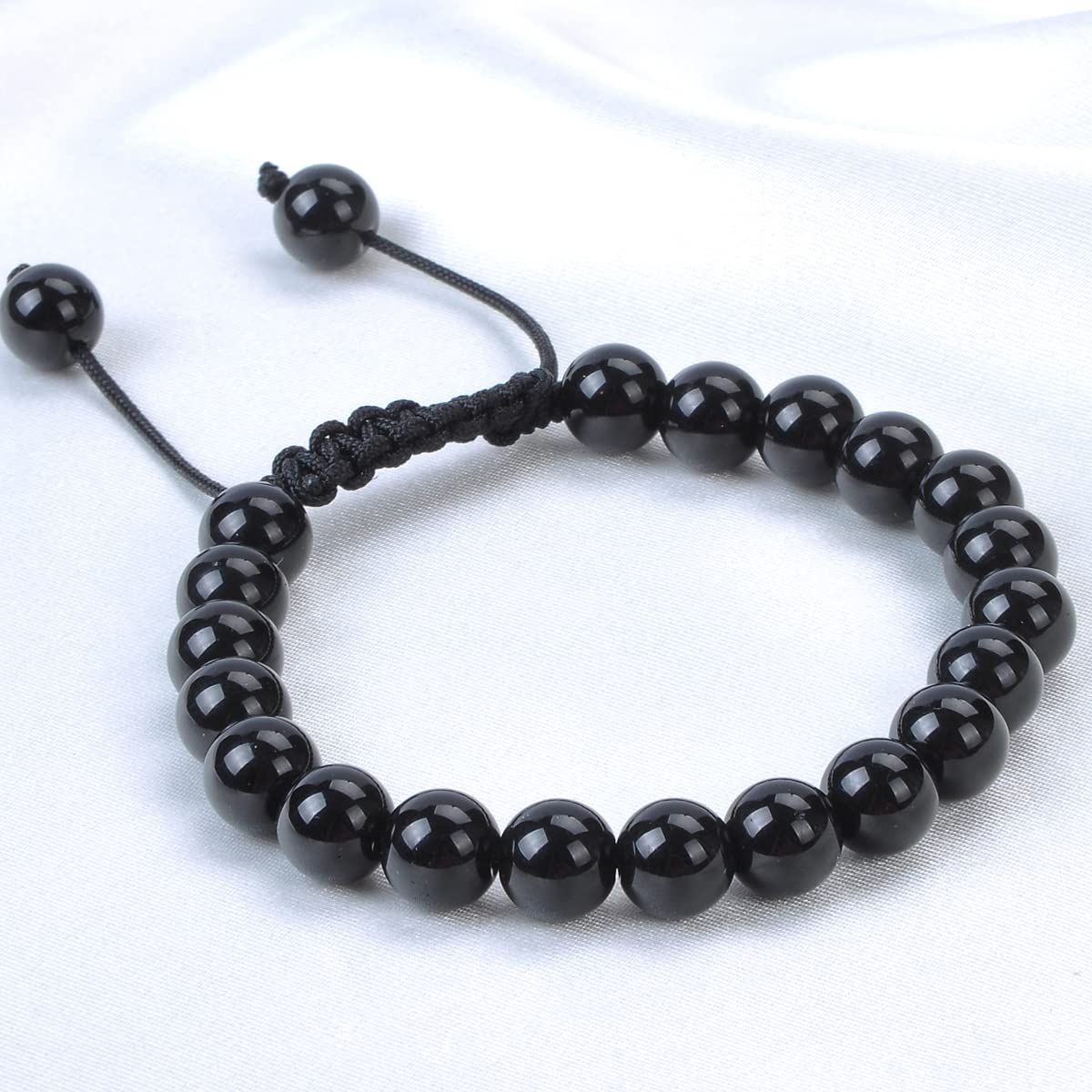 8MM Natural Healing Power Gemstone Crystal Round Beads Unisex Adult Adjustable Macrame Bracelets (Tourmaline Black / 8mm)