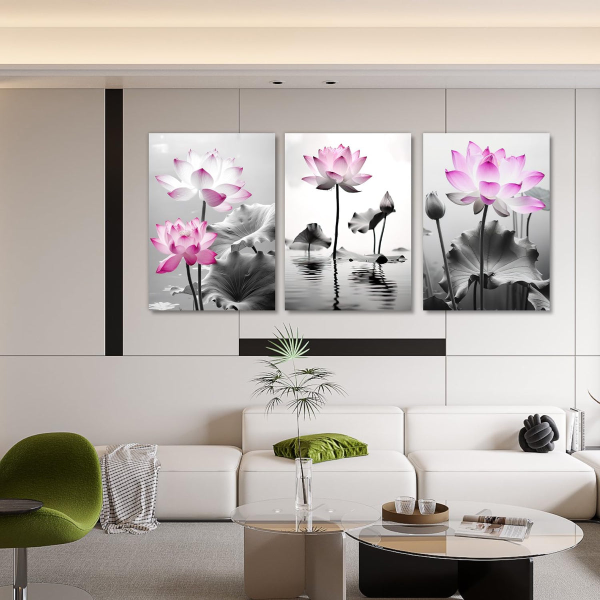 Lotus Canvas Wall Art 3 Pieces Pink Flowers in River Pictures Prints Wall Decor Black and White Painting Artwork for Bathroom Living Room Bedroom Office Home Decor (Lotus-6 / 11.00"x14.00"x3P)