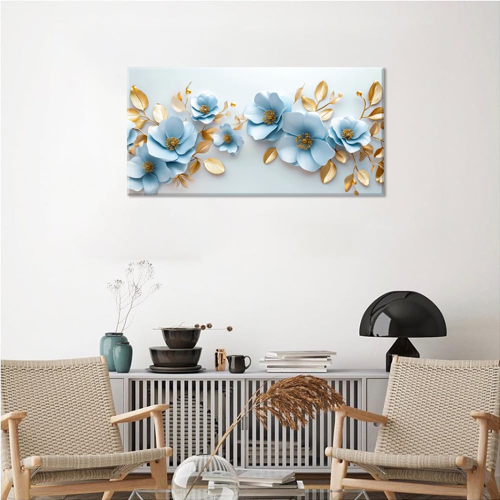 Aqua Blue Flower Wall Art for Bedroom Canvas Painting Prints Pretty Floral Modern Nature Gold Elegant Artwork Office Girls Room Decor (40L" x 20W" / Gold and Blue Wall Art(k830))