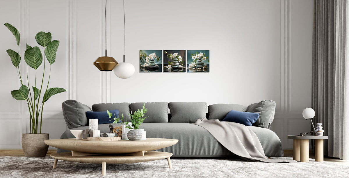 3 Panels Bathroom Wall Art Zen Artwork Zen Stone Wall Art Still Life Spa Stone with White Flowers Pictures Print on Canvas for Home Decor Wall Decor Stretched and Framed 12x12inchx3 (12x12inchx3 / Spa Stone with White Flower 2)