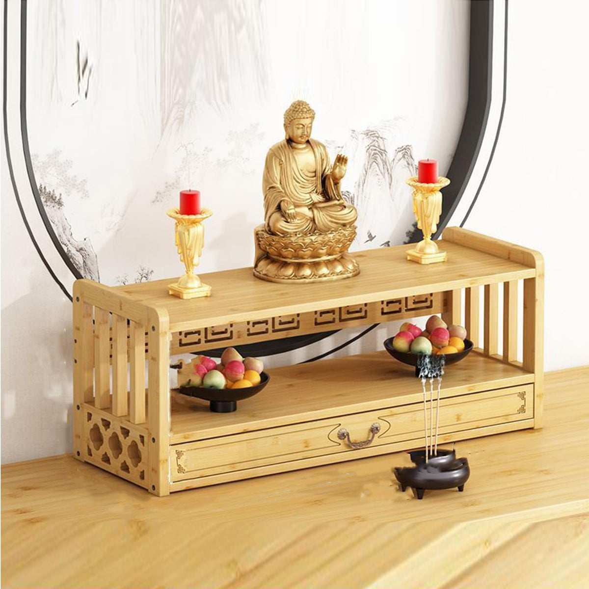 Low 3 Tier Meditation Table with Drawer (Wood Color / 27.2”W)