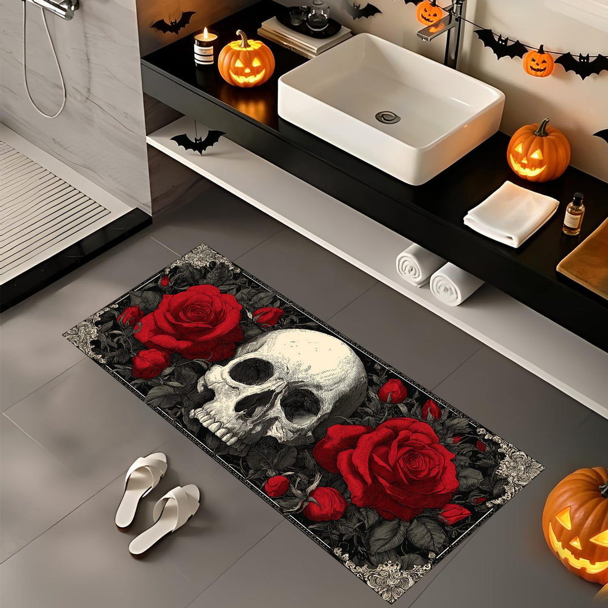 Red Rose Skull Laundry Room Rug 20x47 Inch (#92)