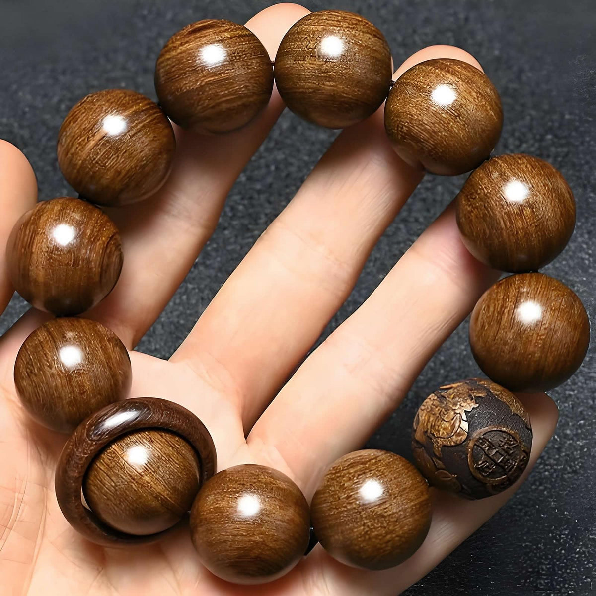 Unisex Natural Silkwood Tibetan Buddhism Meditation Prayer Bead Necklace Japa Mala Beads Bracelets (20mm x 12 Beads Carving+Ring)