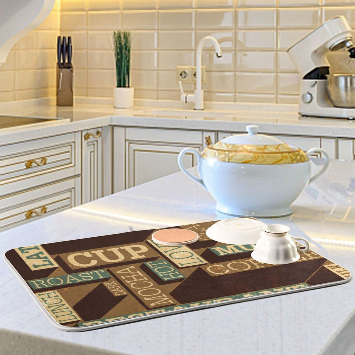 Super Absorbent Dish Drying Mat (Coffee Themed Seamless Retro / 16" x 18")