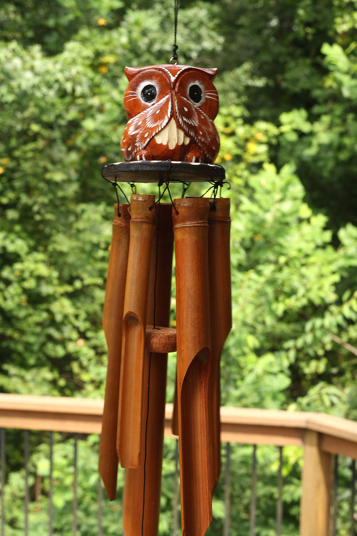 Handmade Wooden Owl Bamboo Wind Chime Wood Statue Figurine Hoot Sculpture Art Decorative Rustic Patio Garden Outdoor Decor Handcrafted Decoration (Speak No Evil Owl Chime)