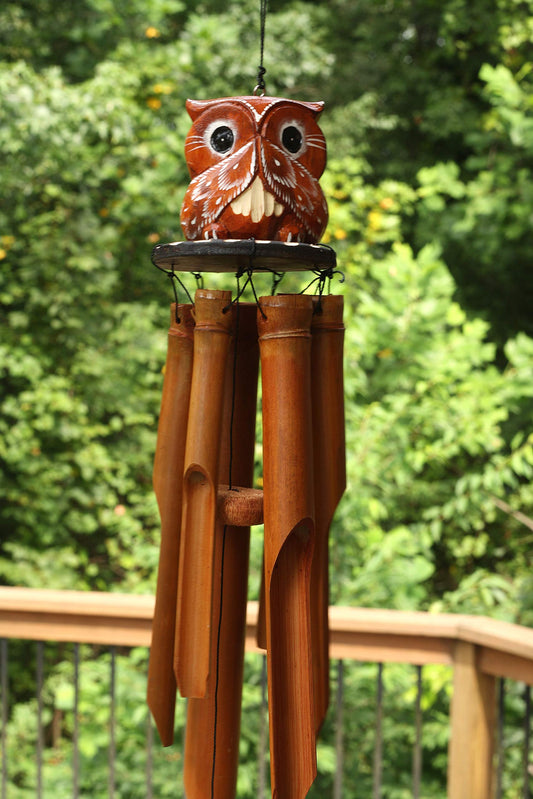 Handmade Wooden Owl Bamboo Wind Chime Wood Statue Figurine Hoot Sculpture Art Decorative Rustic Patio Garden Outdoor Decor Handcrafted Decoration (Speak No Evil Owl Chime)