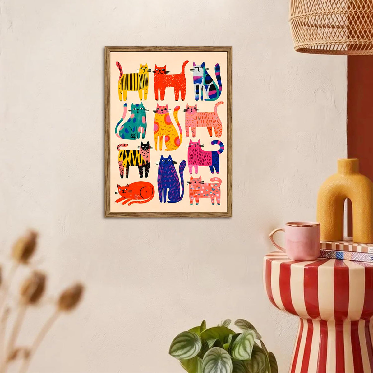 Colorful Cat Wall Art Whimsical Abstract Cat Wall Decor Picture Mid Century Animal Poster Canvas Painting Print for Living Room Bedroom 12x16 inch Wood Framed (Animal-Cats / 16"L x 12"W)