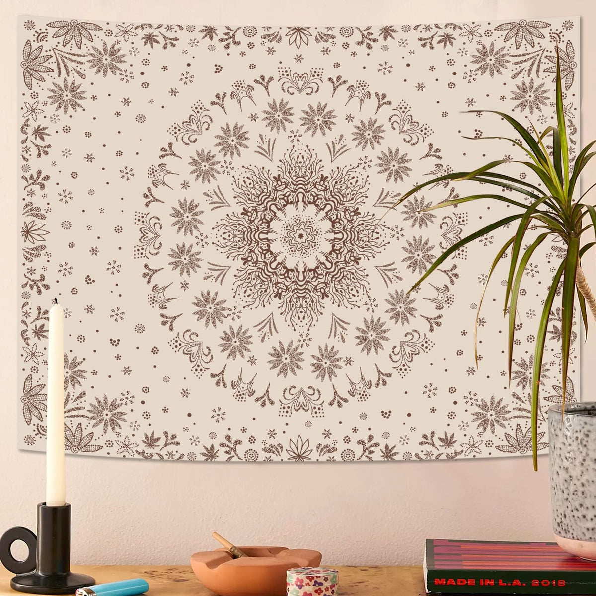 Boho Floral Mandala Tapestry Wall Hanging Bohemian Flower Medallion Tapestry Aesthetic Beige Brown Hippie Indian Small Tapestries for Bedroom Living Room Dorm Decor 80 x 60 Inch (Brown / 80"L x 60"W)