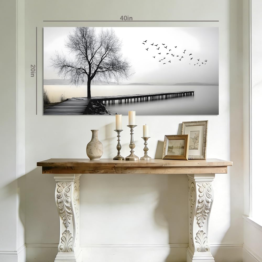 Black and White Lake Pier Canvas Wall Art Bare Tree Flying Birds Minimalist Landscape Painting Flat Print Gallery Wrapped Artwork for Living Room Bedroom Bathroom Decor (Mysterious / Black Lake Pier 6 / 58"L x 28"W)