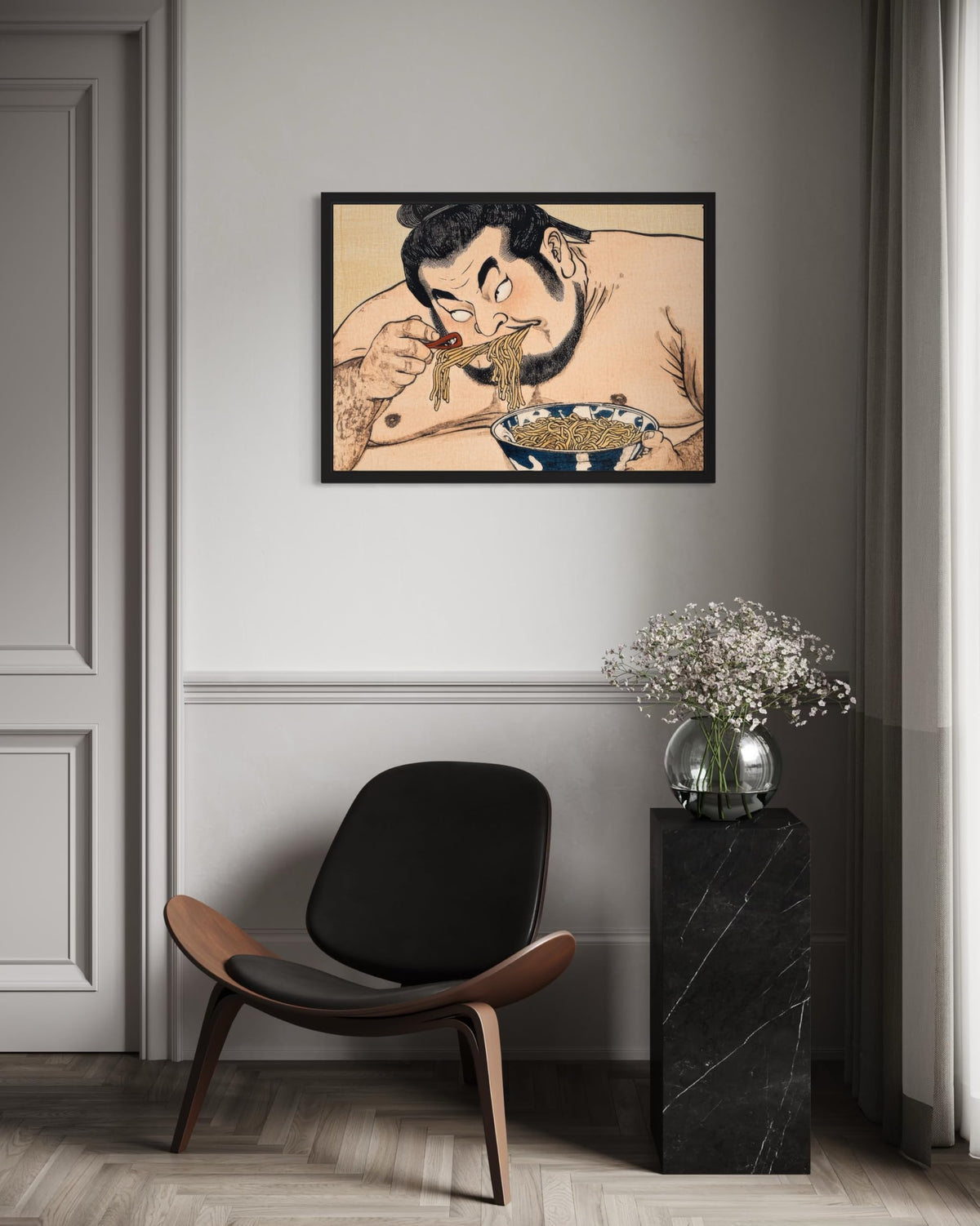 Sumo Wrestler Eating Black Framed Wall Art Print Poster (Sumo Wrestler Eating / 20"L x 16"W)