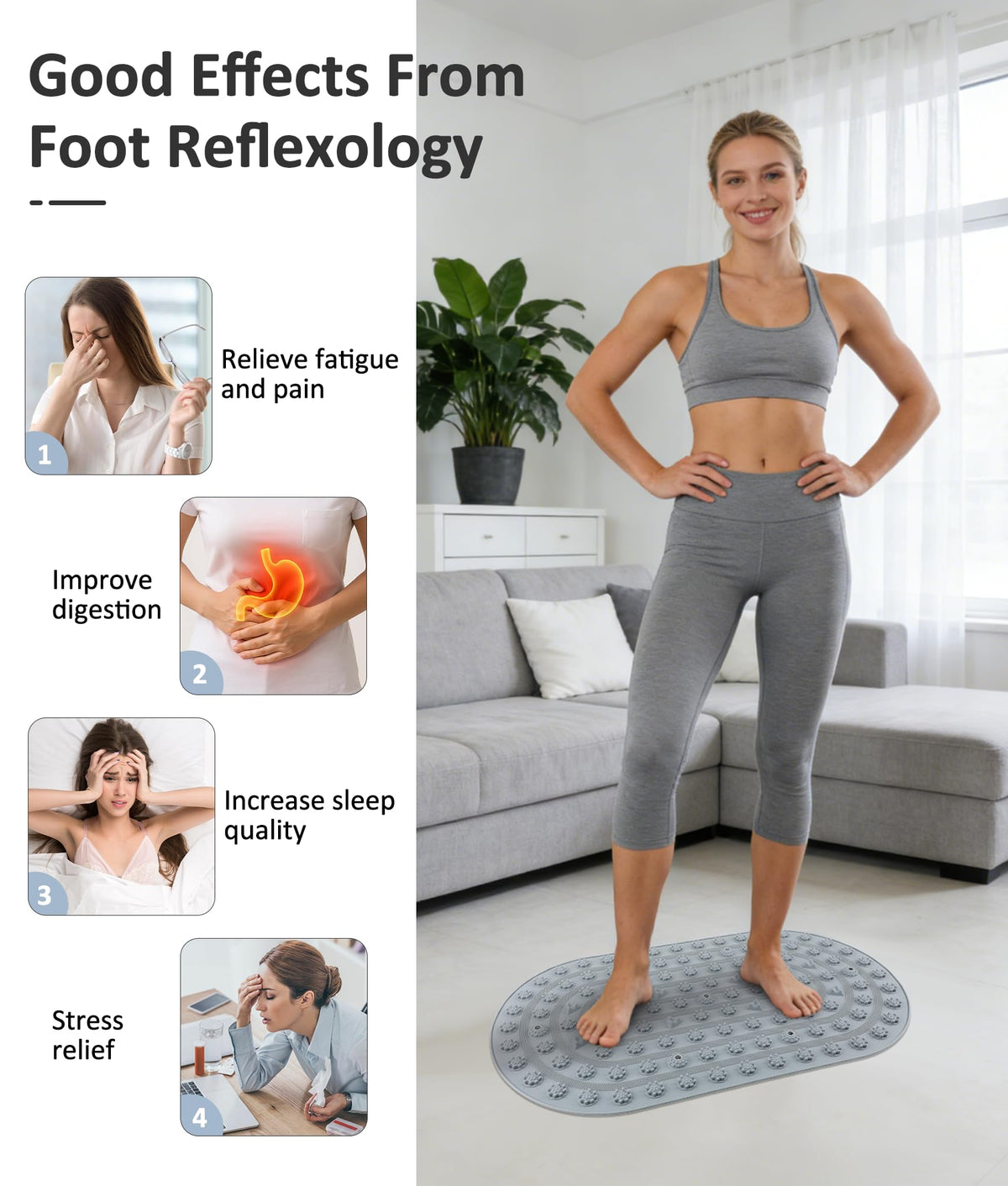 Silicone Foot Massage Acupressure Mat with Reflexology Points 30'' x 18'' (Grey)