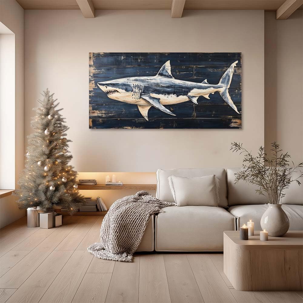 Rustic Great White Shark Canvas Wall Art Faux Wood Plank Painting Flat Print Gallery Wrapped Nautical Coastal Artwork for Living Room Bedroom Bathroom Decor (Retro / Great White Shark 12 / 58"L x 28"W)