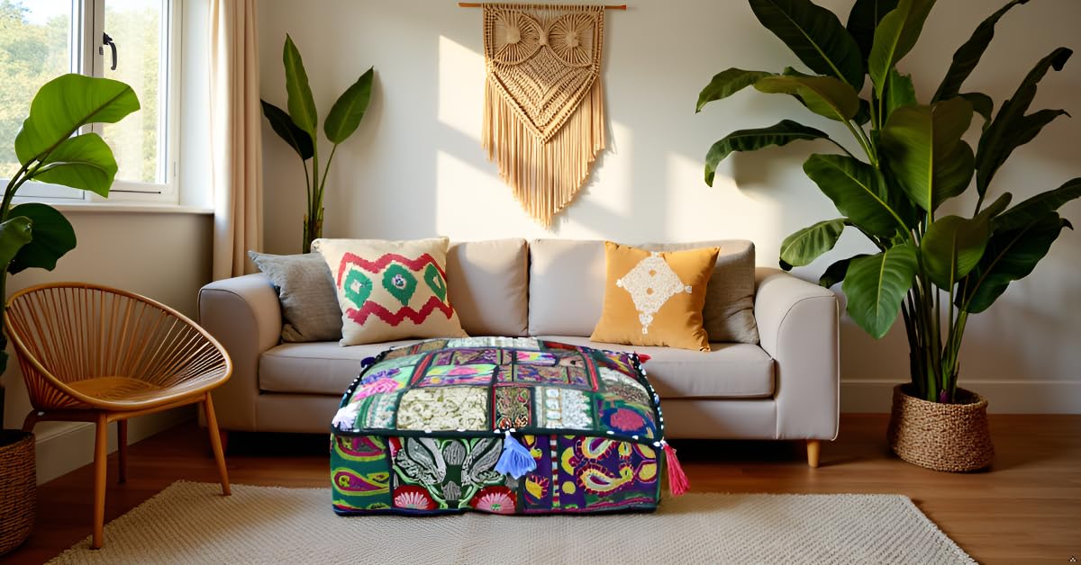 Square Patchwork Pouf Cover 16x16x5 Inch (16"D x 16"W x 5"H / Light Green)