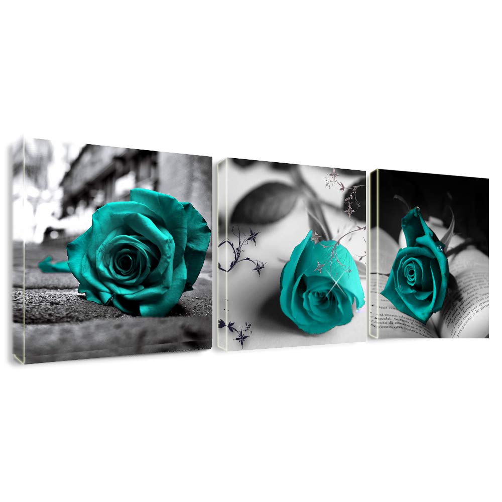 Teal Rose Flowers Canvas Wall Art 12x12 Set of 3 Framed Bathroom Decor (12 inch x 12 inch x 3 panels / Teal Rose Flowers)