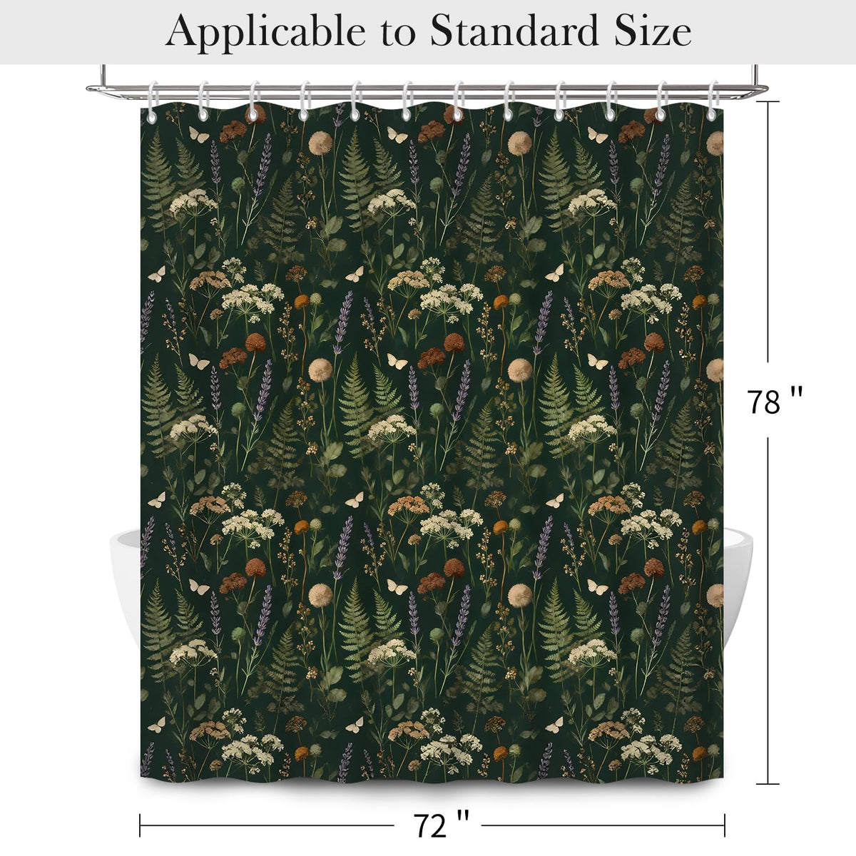 Dark Green Botanical Shower Curtain with Hooks (Dark Green Floral / 72"W x 78"L (Pack of 1))