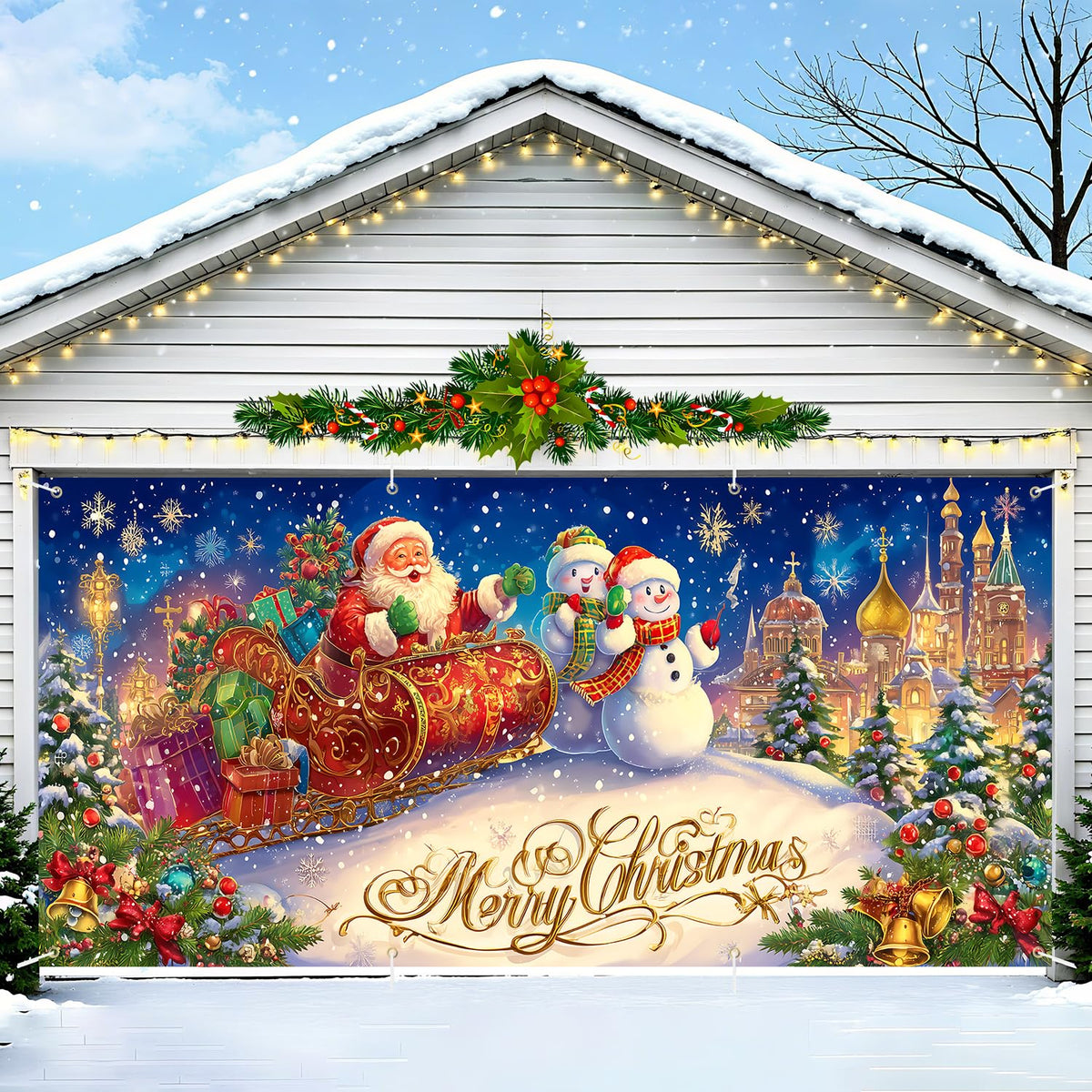 Santa Sleigh Merry Christmas Garage Door Banner (64 / 6 x 13 ft)