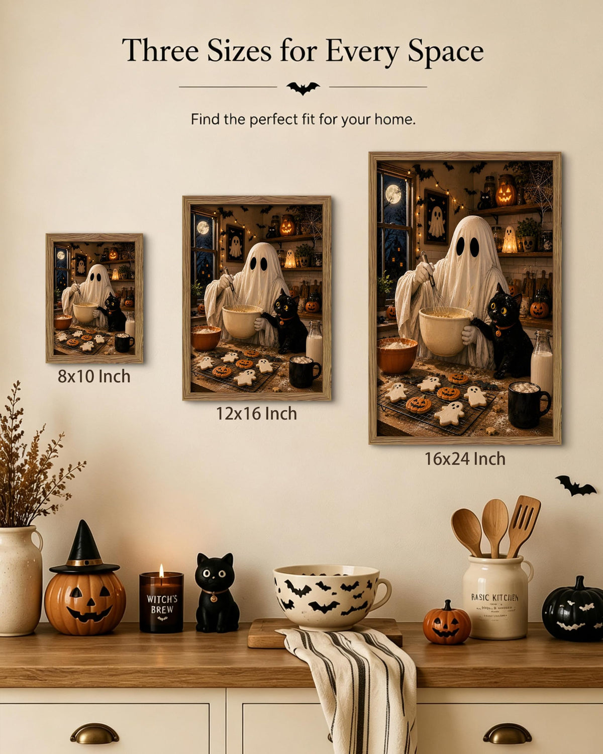 Framed Funny Halloween Kitchen Canvas Wall Art (A-Ghost Black Cat / 24"L x 16"W)