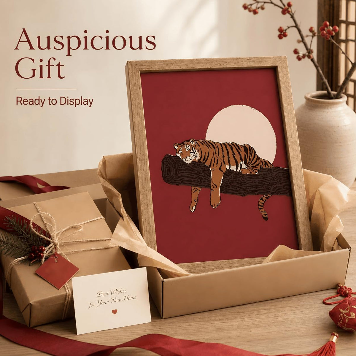 Japanese Sleeping Tiger Framed Wall Art Bold Red Amber Wildlife art (Japanese Tiger / 10"L x 8"W)