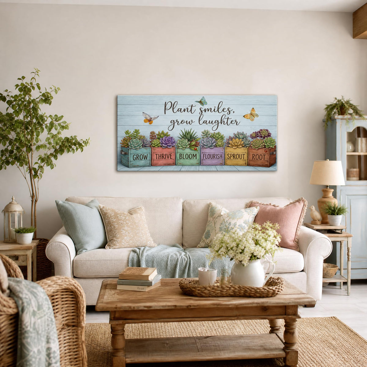Rustic Succulent Canvas Wall Art Colorful Faux Wood Planter Box Painting Flat Print Gallery Wrapped Botanical Artwork for Living Room Bedroom Bathroom Decor (Bohemian / Yellow Succulent Garden 14 / 40"L x 20"W)