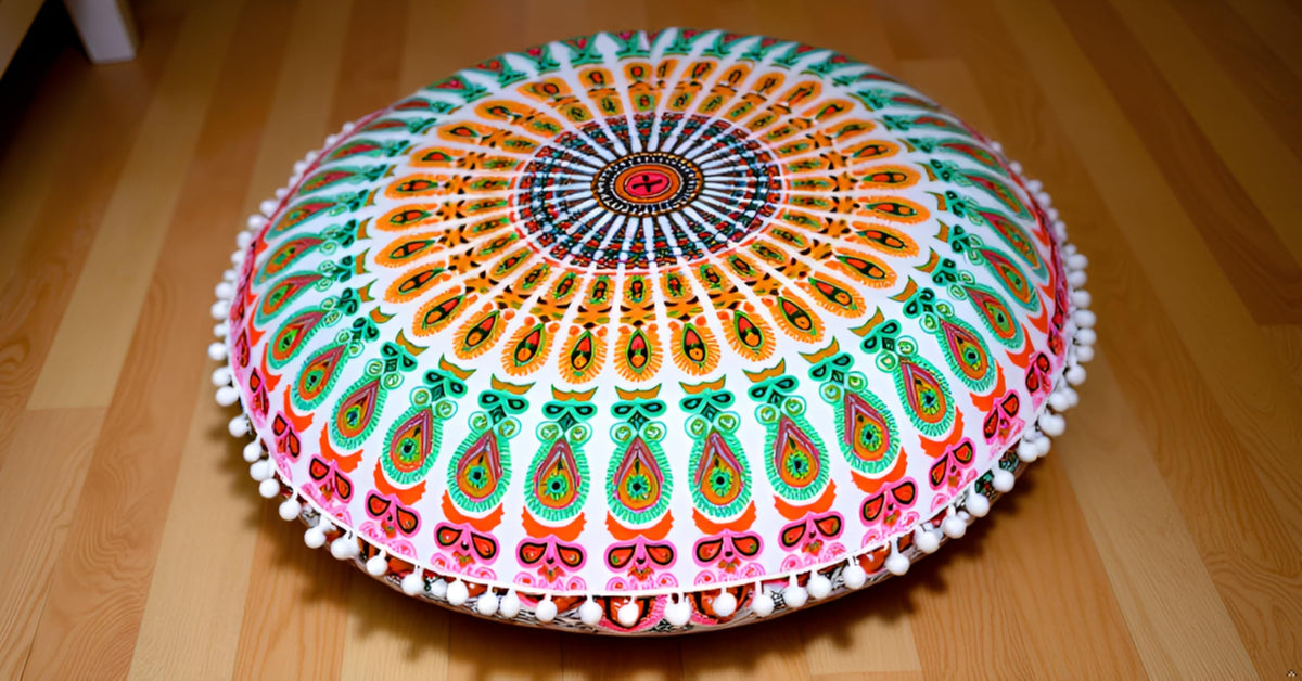 32" in Round Mandala Floor Pillow Cushion Cover Seating Throw Cover Hippie Decorative Bohemian Ottoman Poufs Pillow Cover Cases Boho Cotton Living Yoga Home Décor Room (Mustard Mirchi)