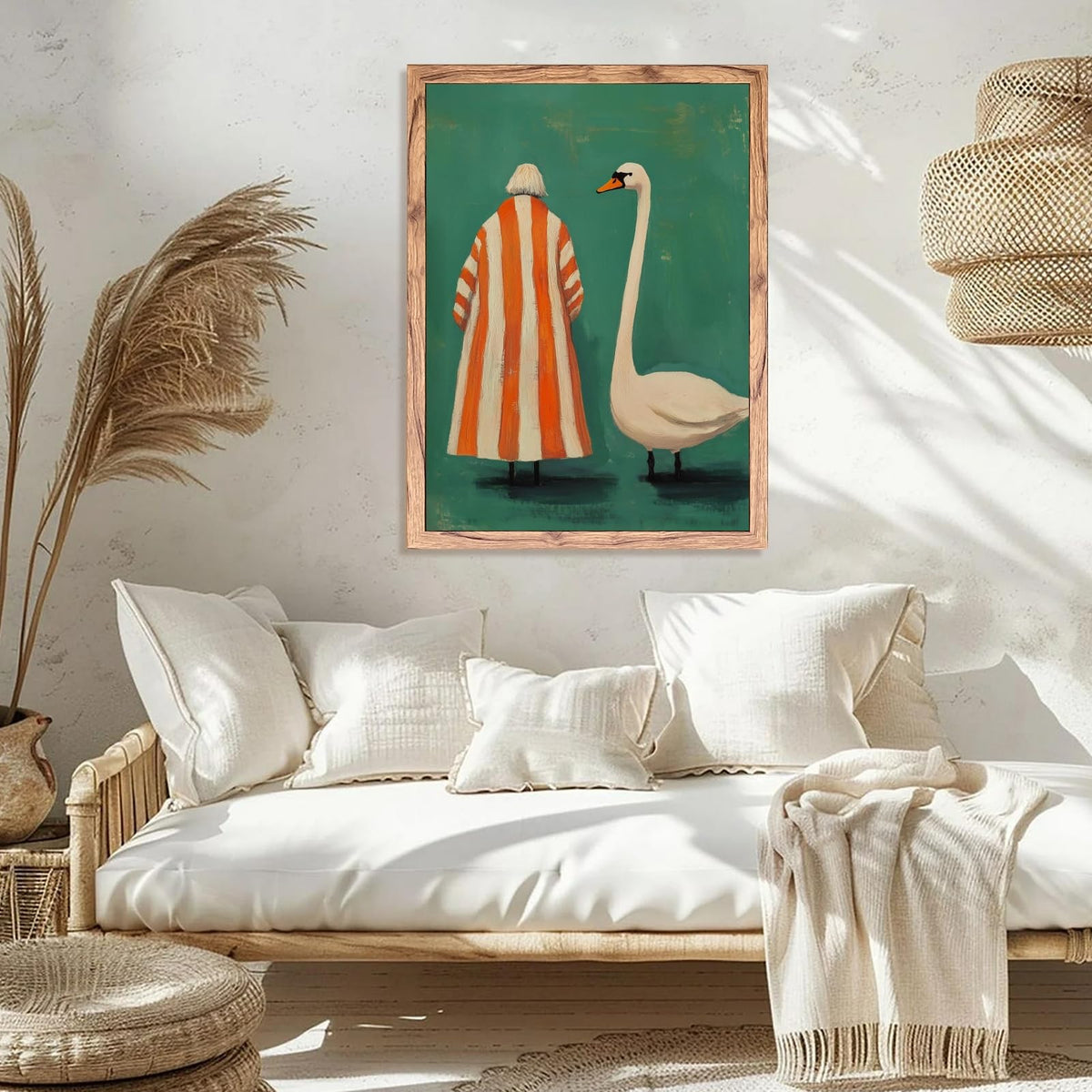 Wood Frame Whimsical Swan Wall Art Surreal Woman Bird Canvas Print Artwork Vintage Green Orange Painting Quirky Animal Decor Poster Eclectic Wall Decor Pictures for Living Room Bedroom 8x12inch (8"L x 12"W / style-4 Wood Framed)