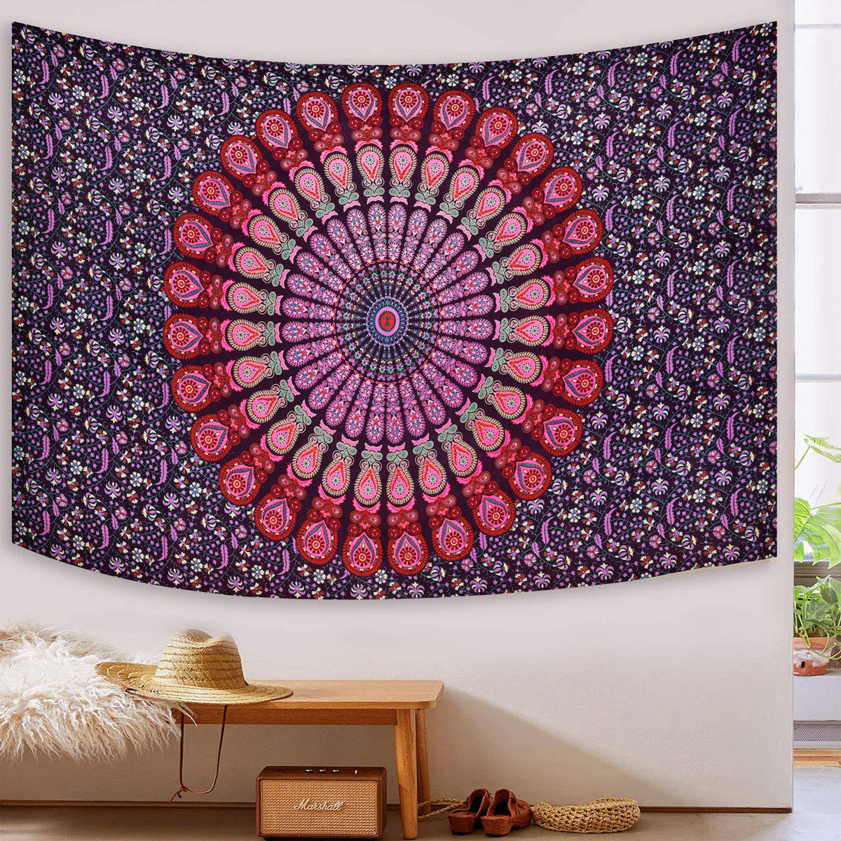 Indian hippie Bohemian Psychedelic Mandala Wall Hanging Peacock Tapestry (Pink Purple / 40"L x 30"W)