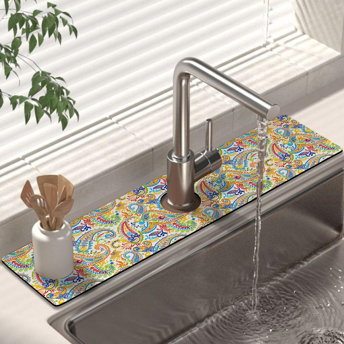 Kitchen Sink Splash Guard Faucet Mat 24" X 5.5" Paisley Absorbent Fast Drying Mat Faucet Draining Mat Sink Splash Guard Behind Faucet Drip Catcher for Kitchen Bathroom (24*5.5in / paisley01)