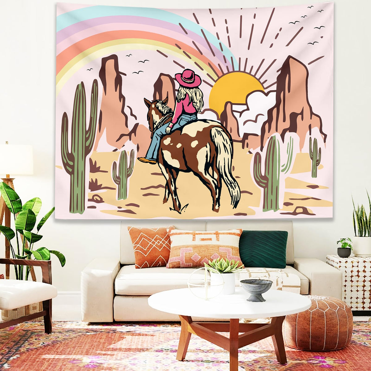 Pink Western Cowgirls Tapestry Wall Hanging for Bedroom 60ʺ x 44ʺ (Light pink / 60"L x 44"W)