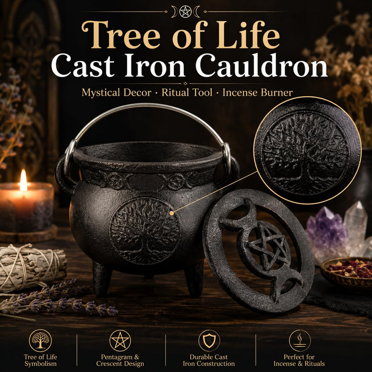 Tree of Life Cast Iron Cauldron with Handle (Tree of Life)