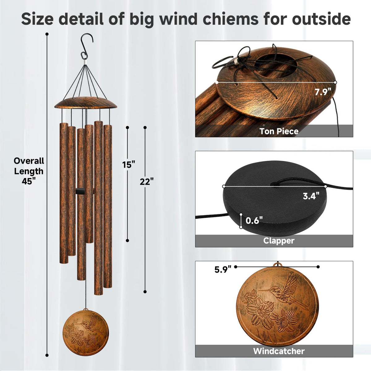 45" Large Wind Chimes for Outside (Vintage With Hummingbird Wind Catcher / 45")