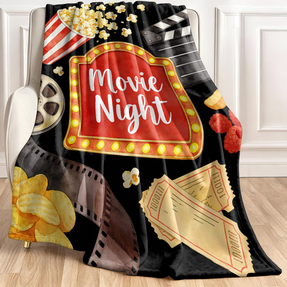 Movie Night Fleece Blanket Popcorn Cinema Blanket Gifts Room Decor 30"x40" (Movie Night / 30"X40")