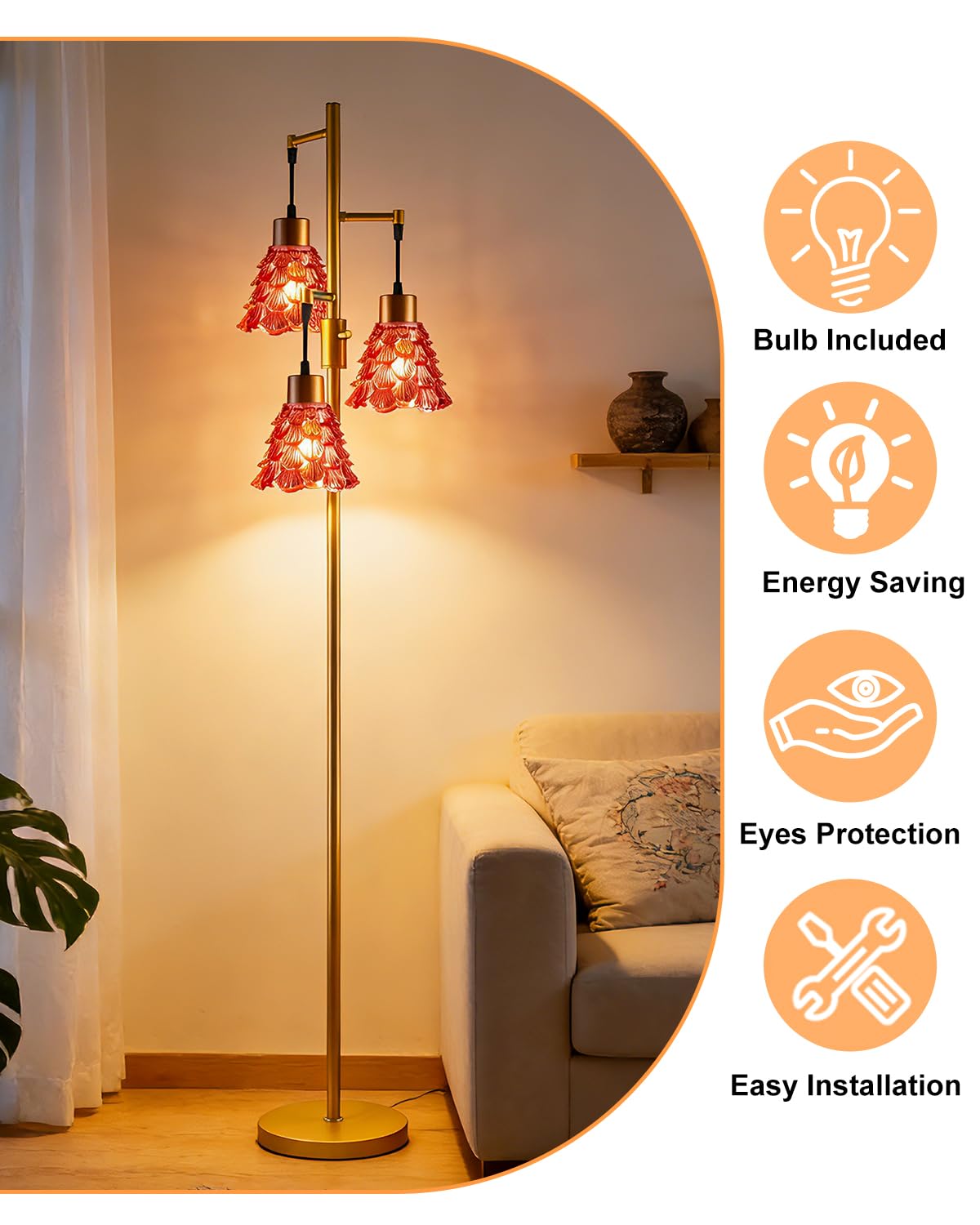Glass Floor Lamp 3 (3 Deep Red Horn-Gold)