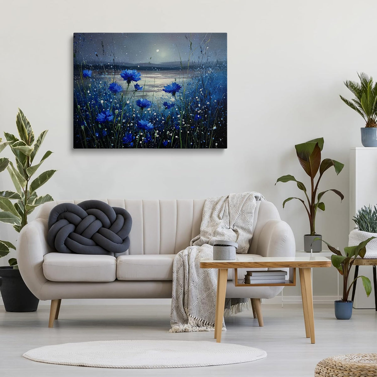 Vibrant Blue Cornflowers Moonlit Lake Landscape Canvas Wall Art (Blue Flower (Wrapped Canvas) / 24"L x 16"W)
