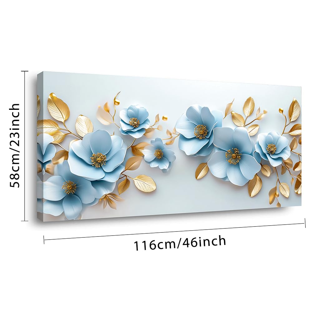 Aqua Blue Flower Wall Art for Living Room Canvas Painting Prints Pretty Floral Modern Nature Gold Elegant Artwork Office Bedroom Girls Room Decor Large (46L" x 23W" / Gold and Blue Wall Art(k830))